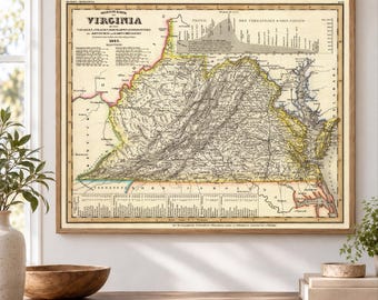 Historische Karte von Virginia (1846) | Antikes Staatsplakat | Druck mit Straßen, Eisenbahnen, Kanälen und der Chesapeake-Region