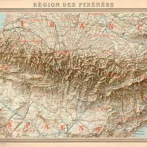 Carte vintage de la chaîne de montagnes des Pyrénées avec un effet d'ombrage image 2