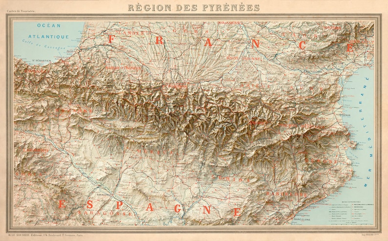 Carte vintage de la chaîne de montagnes des Pyrénées avec un effet d'ombrage image 2