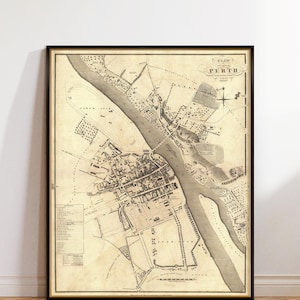 Carte de Perth (Écosse), fine impression d'archives, un aperçu du passé de la ville
