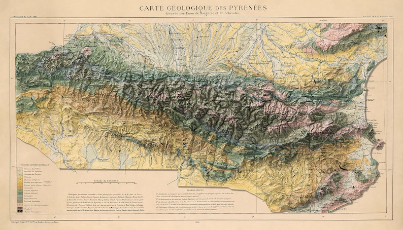 Pyrenees mountains, old geological map with a shaded relief 3D effect image 2