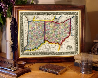 Ohio map - Indiana map - Old maps prints - Fine giclee reproduction, available on matte paper or canvas