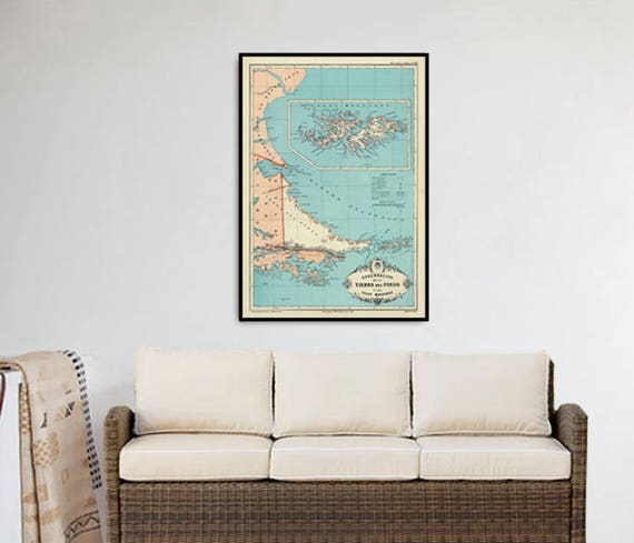 Falkland Islands map - Malvinas Islands map  - Tierra del Fuego map - Old map fine print on paper or canvas