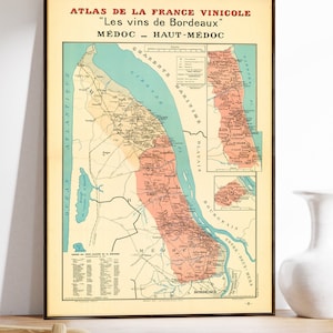 Bordeaux-Weinkarte, Médoc- und Haut-Médoc-Weinregionen, Die Médoc-Appellationen, Vintage dekorativer Kartendruck