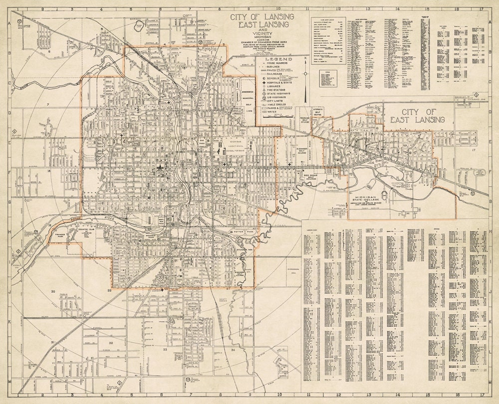 Lansing and East Lansing old map Large city plan restored | Etsy
