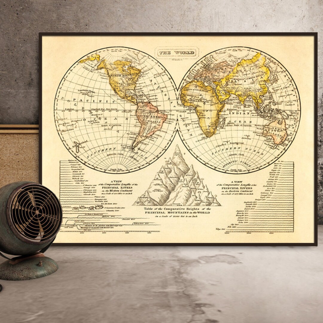 The World Map Old Map of the World in Two Hemispheres Vintage Map ...