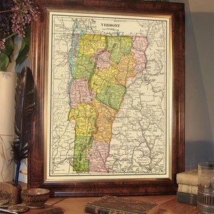 carte d'état vintage du Vermont - Impression d'archives de la carte du Vermont, disponible sur papier ou sur toile