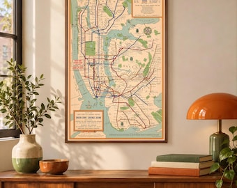 May include: A framed vintage map of the New York City subway system featuring a tan background with red, blue, and black transit lines. The map includes a legend, a Union Dime Savings Bank label, and detailed geographic labels for the boroughs.