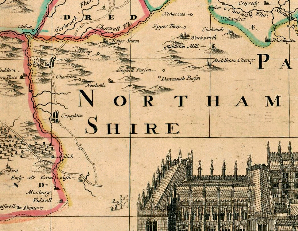 available on paper or canvas Historical map with illustrations Oxford Shire map Wall map of Oxford Shire