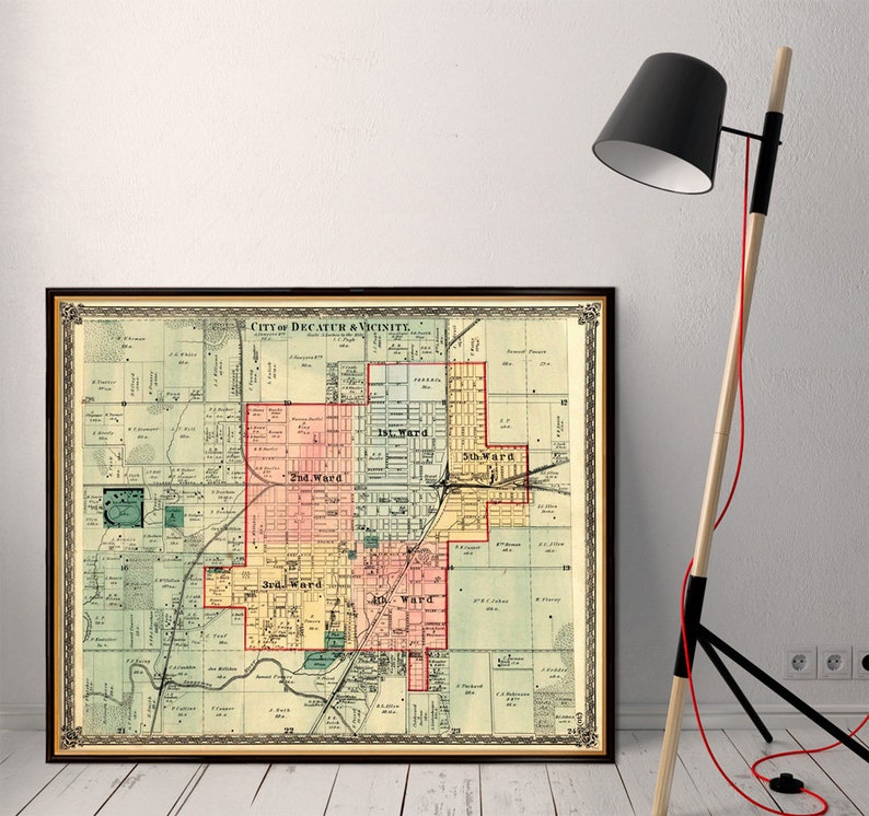 Decatur map Map of Decatur Illinois and vicinity Archival print on paper or canvas image 1