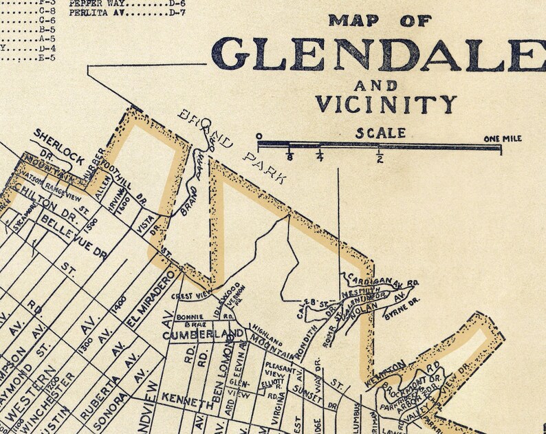 Glendale Map Large Map of Glendale Fine Reproduction Etsy