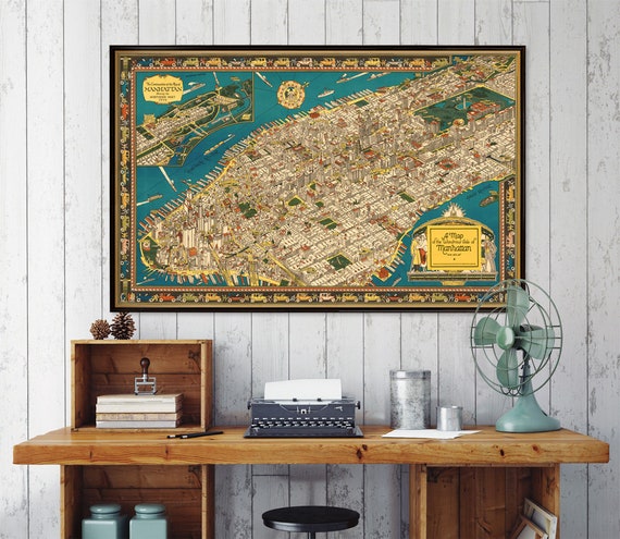 Illustrated map of Manhattan -  Fine print,  city map reproduction, available on paper or canvas