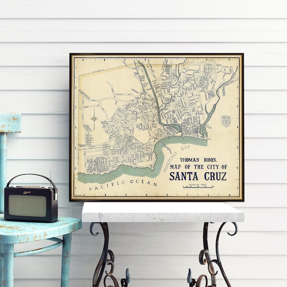 Map of Santa Cruz (California), old city plan, housewarming decor, historical map art