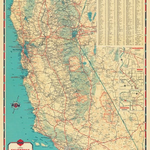 Road map of California, large vintage map print, detailed, wonderful map from 1937, up to 35 x 63, fully restored, wall decor image 2