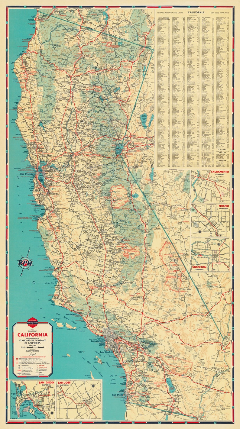 Road map of California, large vintage map print, detailed, wonderful map from 1937, up to 35 x 63, fully restored, wall decor image 2
