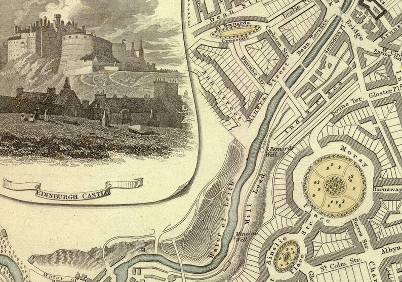 Vintage map of Edinburgh, old city map from 1843, Auld Reekie historical map image 2