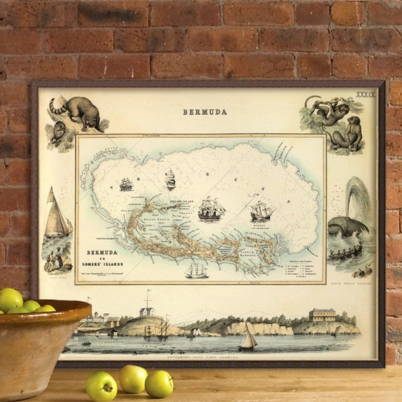 Bermuda Island Pictorial map - Decorative old map , fine print