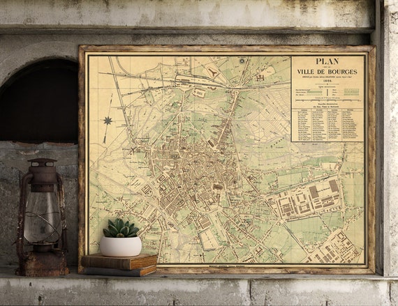 Bourges map  - Old map of Bourges (France) fine reproduction -  Wall map printed on paper or canvas