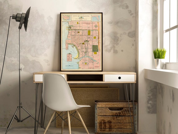 Sarasota map from 1924  - Wall map restored, fine reproduction, available on paper or canvas