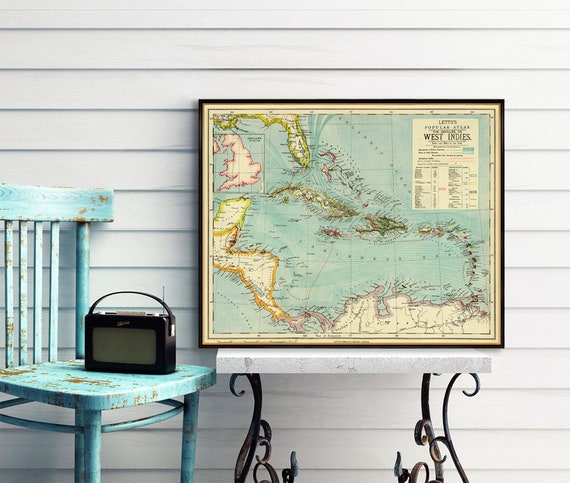 West Indies map - Antilles map - Old map of West Indies reproduction - Wall map available on paper or canvas