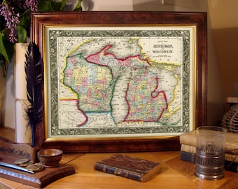 Michigan map - Wisconsin map - available on paper or canvas