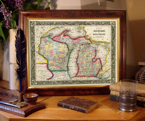 Michigan map - Wisconsin map - available on paper or canvas