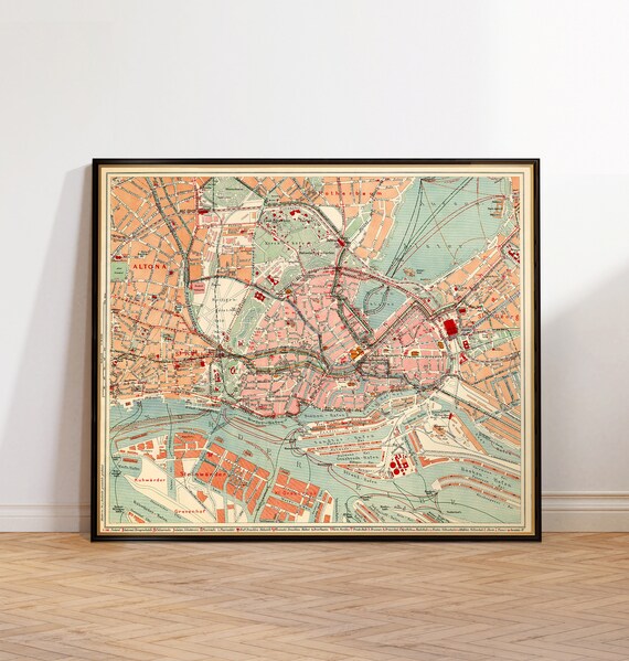 Hamburg and Altona map, old city plan of Hamburg from 1841, wonderful map, housewarming decor, archival print