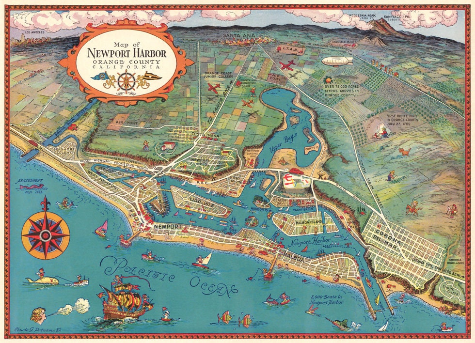 Newport Beach map Pictorial map of Newport Beach (Ca.) print on