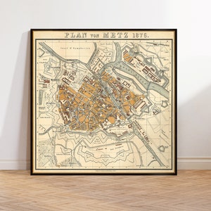 Mapa de Metz (França), planta antiga da cidade de Metz, mapa restaurado em estilo vintage, impressão de mapa de belas artes