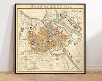 Carte de Metz (France), plan de la vieille ville de Metz, carte restaurée de style vintage, impression de carte d'art