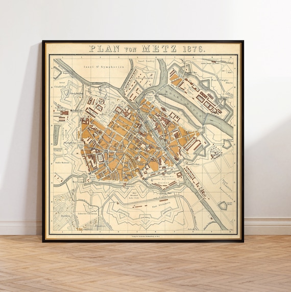 Map of Metz (France), old city plan of Metz, vintage style restored map, fine art map print