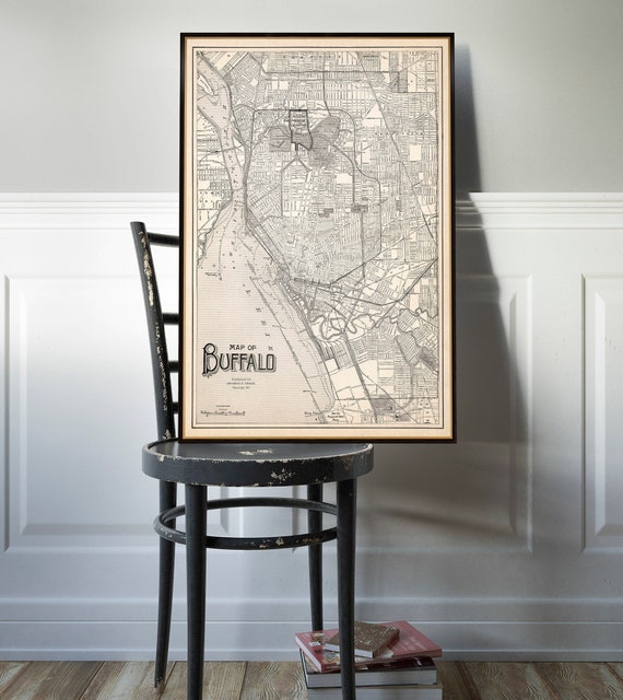 Old map of Buffalo, old city plan reproduction, two versions available, sepia & color, printed on paper or canvas, decorative wall map art