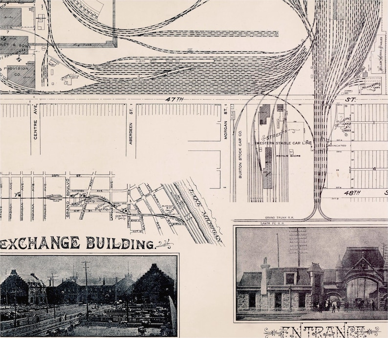 May include: A black and white map of a city with a focus on the train tracks and train station. The map includes the text "EXCHANGE BUILDING" and "ENTRANCE".