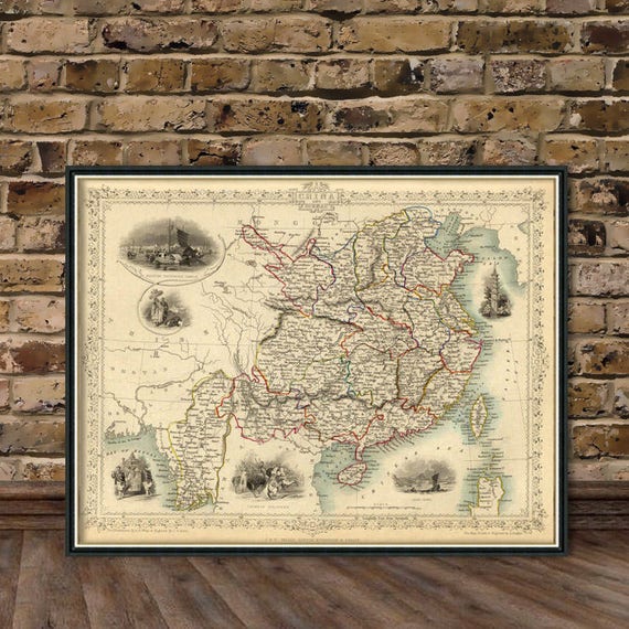 Old map of China - Restored map - China map fine print