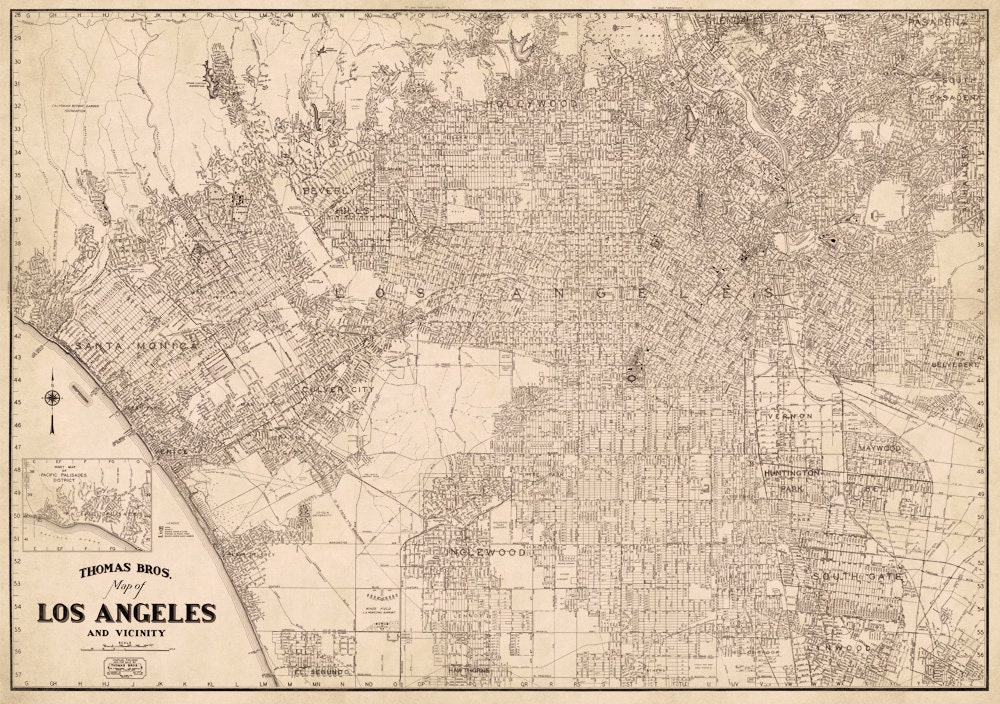 Map of Los Angeles Large wall map Los Angeles map fine print on