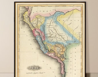 Pode incluir: Um mapa antigo emoldurado do Peru, com cartografia detalhada e cores vibrantes. O mapa exibe características geográficas, fronteiras e o nome do país em letras em negrito. A moldura é preta e o mapa está sobre um fundo claro.