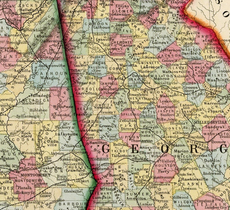 Vintage map of Alabama Georgia map from 1860 giclee print | Etsy