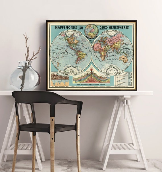 Mappemonde en deux hemispheres - World map in two hemispheres  - Old map giclee reproduction on paper or canvas