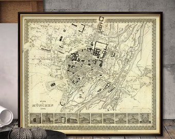 Munich old map, historical city plan of Munich 1844 with illustrations, print on paper or canvas