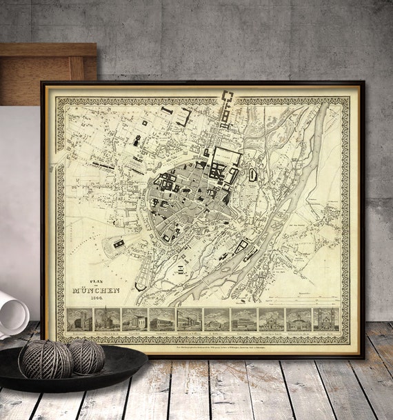 Munich old map, historical city plan of Munich 1844 with illustrations, print on paper or canvas