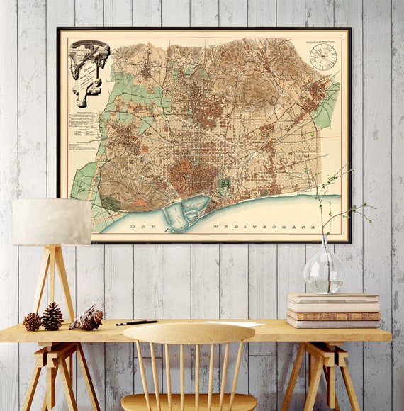 Old map of Barcelona - Historical map of Barcelona - Wall map  - Large map archival reproduction on paper or canvas