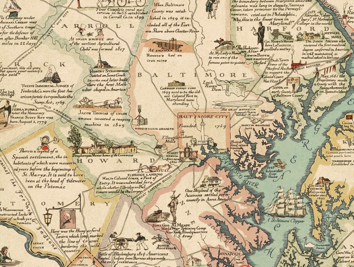 Historical Map of Maryland Pictorial Map of the Old Line Etsy