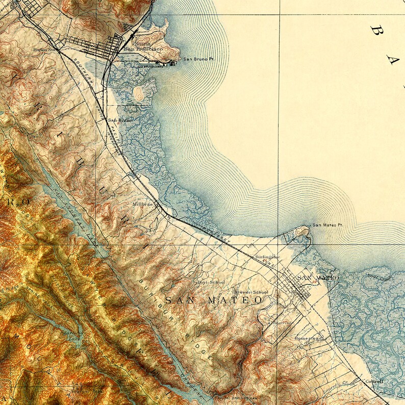 Carte topographique de la baie de San Francisco, qui redonne vie à d'anciennes cartes en ajoutant un effet de relief ombré image 5