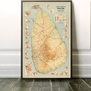 Mappa vintage dello Sri Lanka, Ceylon mappa grande, mappa dettagliata, decorazione da parete