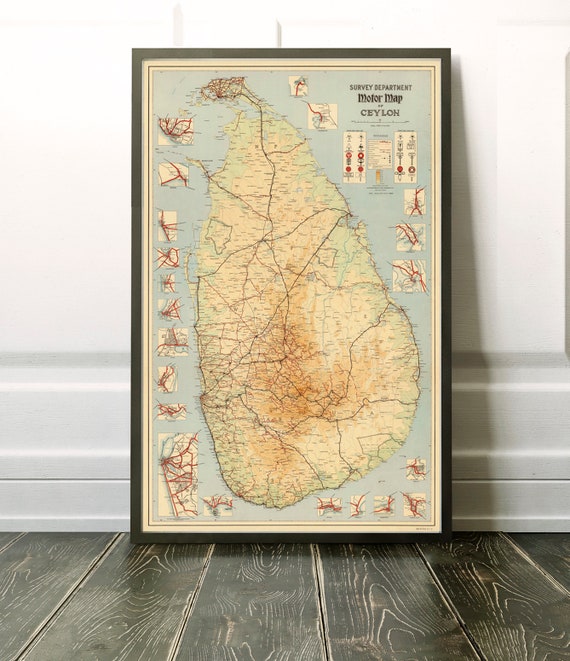 Vintage map of Sri Lanka, Ceylon large map, detailed map, wall decor