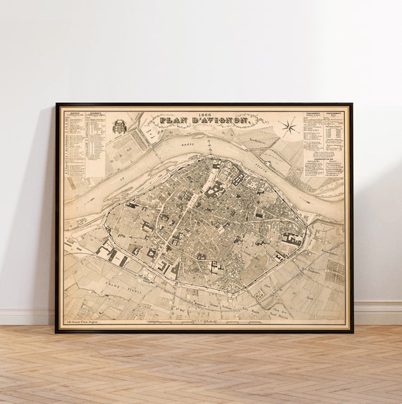 Avignon map, plan de la ville d'Avignon, old city plan of Avignon, vintage map in sepia tones, housewarming decor