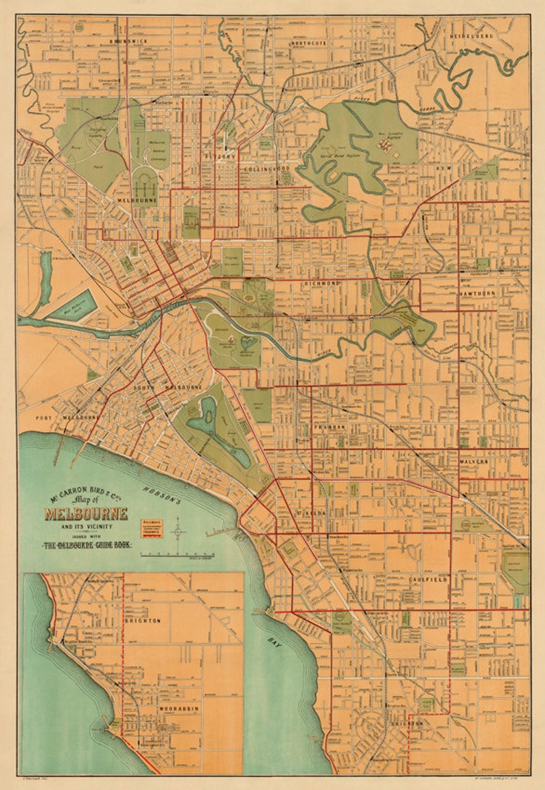 Old map of Melbourne print Melbourne map Fine wall map reproduction on paper or canvas