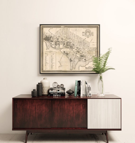 Old map of Washington DC, historical map poster in sepia colors, printed on matte canvas or coated paper