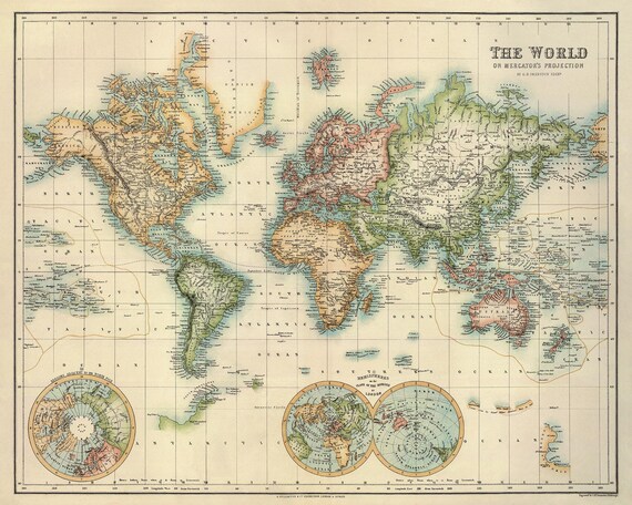 古典的な世界地図2点セット 世界地図 | 極座標インセット付きアンティークメルカトル図法