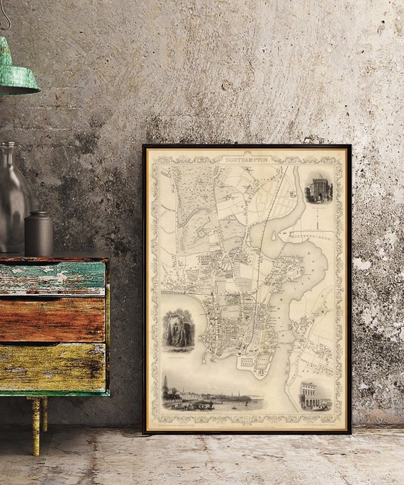 Old map of Southampton - Historical map with illustrations, archival print on paper or canvas
